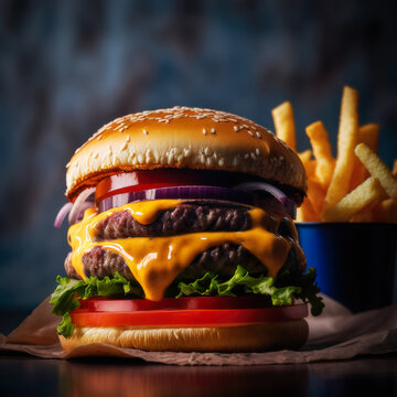 Juicy studio shot of a double loaded cheese burger with fries. Created using generative AI tools