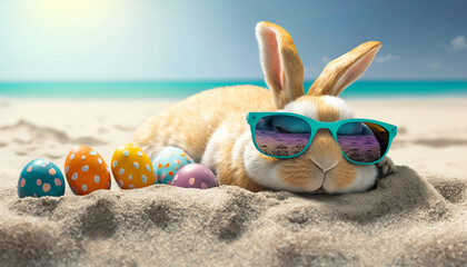 Fototapeta na wymiar Easter bunny on the beach with easter eggs, Generative AI