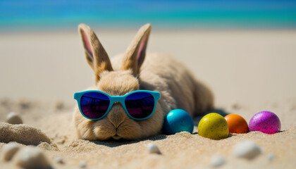 Fototapeta na wymiar Easter bunny on the beach with easter eggs, Generative AI