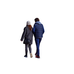 Jeune homme et jeune femme vus de dos marchant en hiver, tenues chaudes avec manteau, doudoune et...