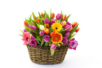 flowers in a basket on white background