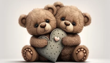 Fotobehang Generative Ai. Cute teddy bears with love heart © Darren Green