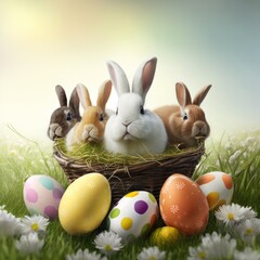AI generated illustration with four Easter bunnies in a basket, in front of the basket several colored eggs, light background