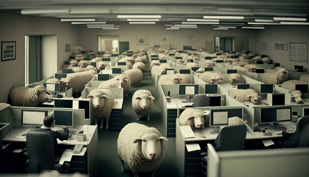 Generative Ai. office full of sheep