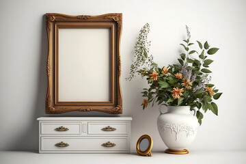 White empty picture frame and plants on vintage dresser against white wall. Generative Ai.