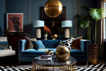 Interior design of a sophisticated and elegant living room with a sleek coffee table and blue velvet comfortable long sofa with pillows | Generative Ai | Modern, well furnish and luxurious living room