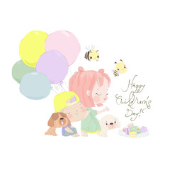 Cute Little Girl with Boy holding Colorful Balloons. Happy Children s Day