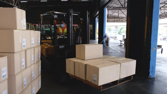 Asian male worker driving a forklift to unload or sort goods in a warehouse.