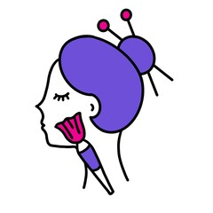 girl doing makeup, use cosmetic brush on her face pink and violet colour icon for cosmetology or beauty salon.