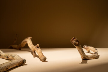Background for products cosmetics, food or jewellery. Rustic wood pieces podium. Front view.	
