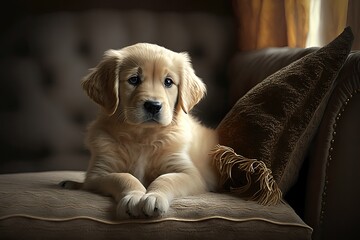 Golden Retriever puppy in the living room. Generative AI