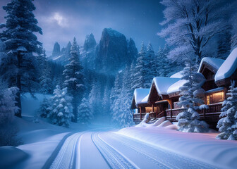 a cabin in the middle of a snowy forest, a cold, wooden houses, snowy, sugar snow