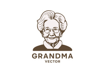 Vector portrait of a smiling cute old lady in round glasses on a white isolated background. Inscription grandma. Logo, sticker or icon.