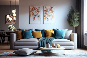 Modern and luxurious living room with a comfortable sofa, pillows, textured rug, coffee table and poster frames | Interior design of a livingroom | Generative Ai | Photorealism | Indoor décor