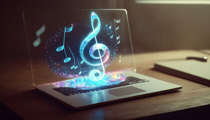 Fototapeta premium abstract music symbol made up of colorful particles floating out of a sleek, modern laptop on a white background, representing the intersection of technology and creativity Generative AI