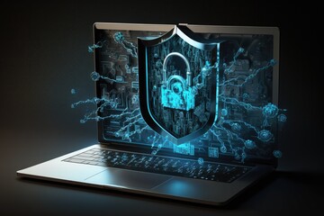 Illustration of cyber online security with high-tech padlock protecting a laptop computer. Generative AI