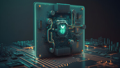 Fototapeta premium An intricate chip embedded within a complex computer circuit board, displaying cutting-edge technology generative ai