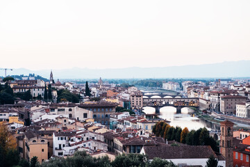 Fototapeta na wymiar Panoramic view of Florence from Piazzale Michelangelo square. Italian travel destination and landmark, tourist attraction.