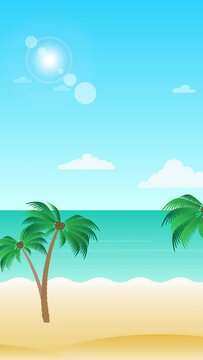 Beautiful beach landscape vertical animation with palm trees - moving along sea side view. Seamless loopable background.