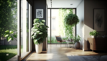 bright and airy modern apartment, lush green plants are thoughtfully placed throughout the space, adding a touch of nature to the sleek and minimalist decor generative ai