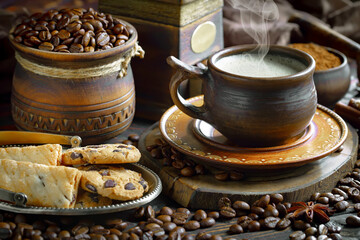 Espresso coffee with coffee beans on old background.