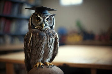 Owl with graduation cap sitting on books. Generative Ai.