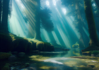Obraz premium a stream running through a lush green forest, lightbeams shining through, water fog, grey forest in the background, candy forest, blue shadows, forbidden beauty, forests