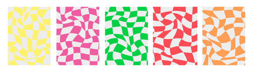 Vector posters. A set of checkerboard backgrounds in bright colors. Retro psychedelic design from the 70s. Suitable for printing templates, posters, screensavers, postcards or textiles.