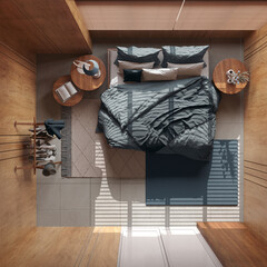 Minimalist bedroom with wooden walls in blue and beige tones. Double bed with pillows, coat hanger, carpets and decors. Japandi interior design. Top view, plan, above