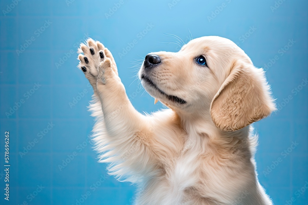 Poster cute, bright golden retriever puppy happy and high fiving, isolated on blue studio background, with 