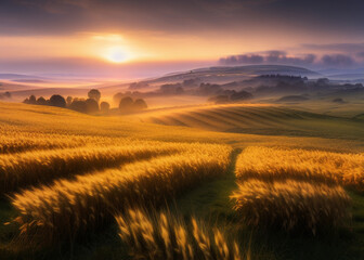 Naklejka na ściany i meble the sun is setting over a wheat field, characteristics of golden curve