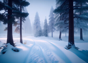 a snow covered road in the middle of a forest, dreamy landscape, beautiful lit, ultra wide horizon,