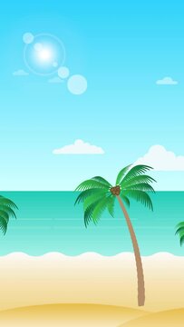 Beautiful beach landscape vertical animation with palm trees - moving along sea side view. Seamless loopable background.