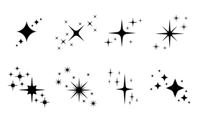 Set of star characters. Collection of pictures of twinkling stars. Star sparkles, shine. Christmas vector symbols isolated. Vector illustration set.