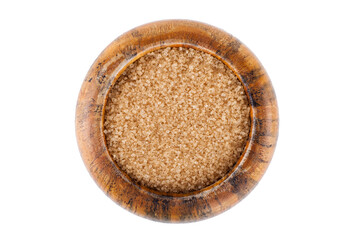 Wooden bowl with brown sugar isolated on white background