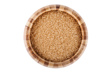 Wooden bowl with brown sugar isolated on white background