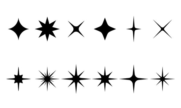 Set of star characters. Collection of pictures of twinkling stars. Star sparkles, shine. Christmas vector symbols isolated. Vector illustration set.