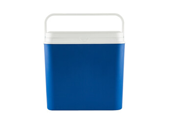 Closed blue plastic cooler isolated on white background