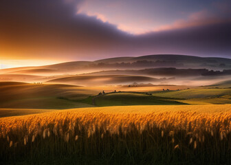 Fototapeta na wymiar the sun is setting over a wheat field, characteristics of golden curve