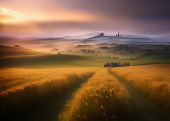 the sun is setting over a wheat field, characteristics of golden curve