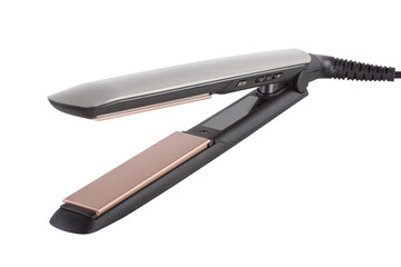 Black hair straightener with ceramic plates isolated on white background