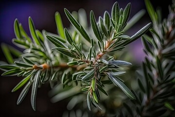Obraz premium Outdoors, you can find fragrant Rosemary Herb. Photo of rosemary leaves up close. Natural, newly sprouting herbs and spices. Herbs and spices, seasoning, cookery, and the health benefits of seasonings
