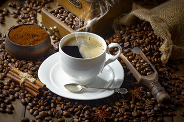 Espresso coffee with coffee beans on old background.