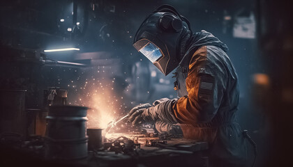 Workers wearing industrial uniforms. Welder erecting technical steel. Industrial Welder With Torch. generative ai

