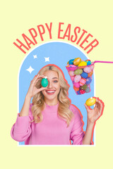 Adorable postcard collage female inside big egg shaped circle hold two colored eggs easter handicraft selling store promo campaign