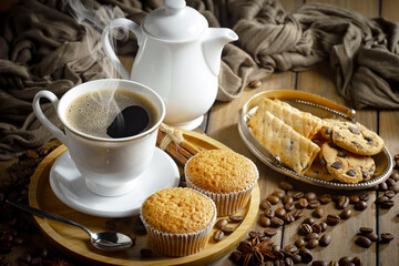 Espresso coffee with coffee beans on old background.