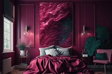 In the high end bedroom of 2023, magenta will be all the rage. Red burgundy color bed and mockup artwork wall painted. House interior design template contemporary room. Carmine is an accent color