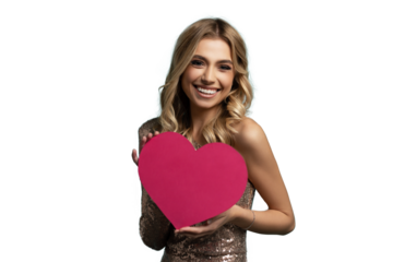 Blonde woman with curly beautiful hair holding pink heart in sparkle dress smiling on transparent background