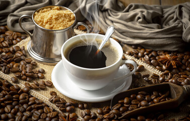 Espresso coffee with coffee beans on old background.