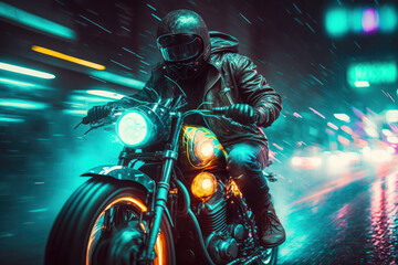 Obraz na płótnie Canvas motorcycle rider on rainy city at night at high speed. generative ai
